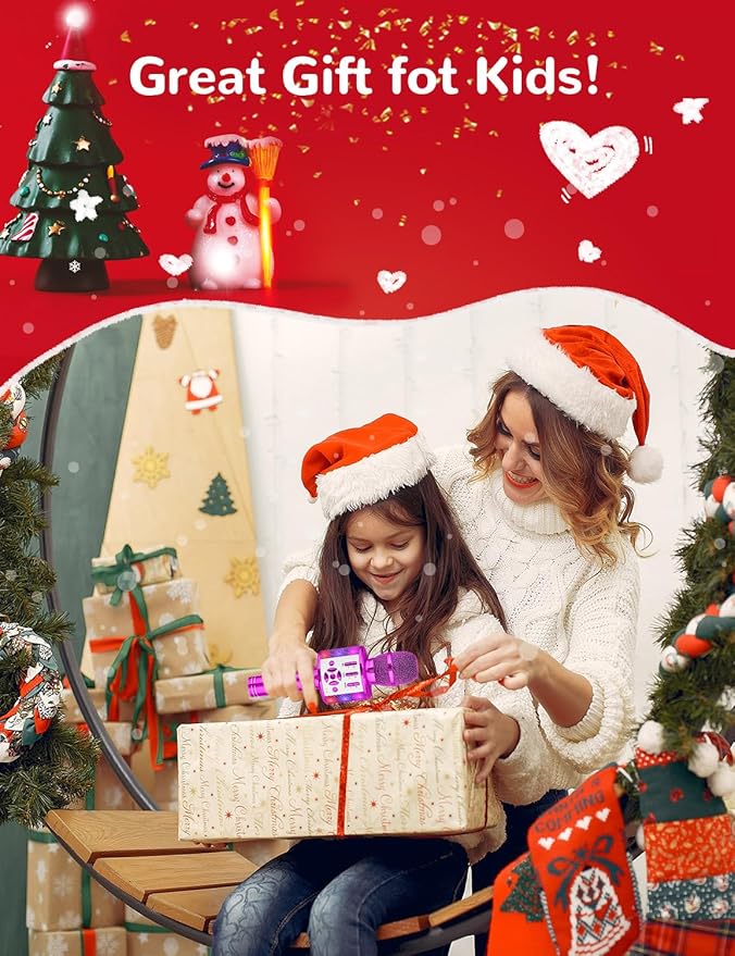 Amazmic Kids Karaoke Microphone Machine Toy Bluetooth Microphone Portable Wireless Karaoke Machine Handheld with LED Lights, Gift for Children Adults Birthday Party, Home KTV(Purple)