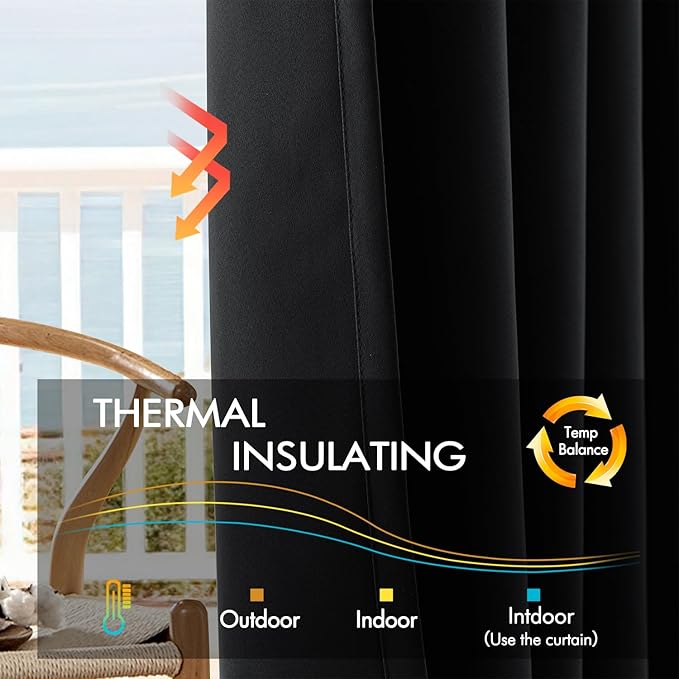 ANRODUO Back Tab Blackout Curtains for Bedroom Living Room, Rod Pocket Pinch Pleated Thermal Insulated Room Darkening Curtains 96 Inches Long 2 Panels, Black, 42 x 96 Inch