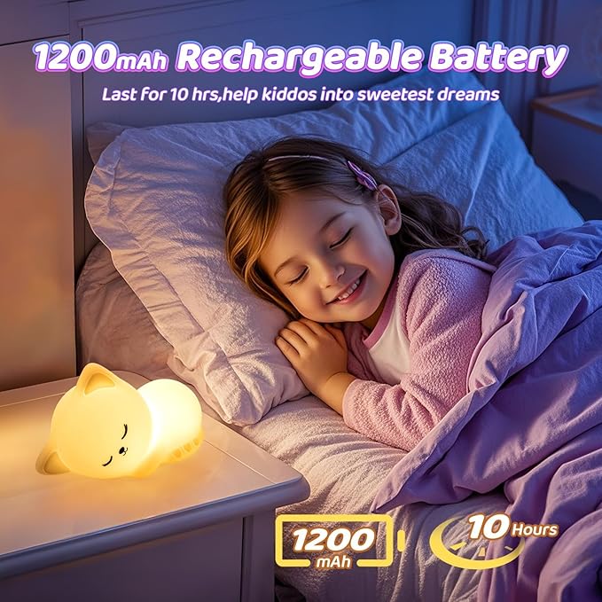 Night Light for Kids,16 Colors Cat Lamp Cute Lamp,Dimmable Baby Night Lights for Nursery,Silicone Rechargeable Nightlight for Kids Room,Kawaii Room Decor,Cat Gifts for Girls Gift for 3-6 Year Old Girl