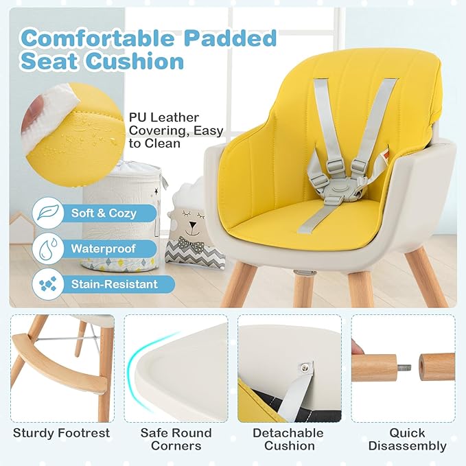 HONEY JOY High Chair, 3-in-1 Eat & Grow Wooden Highchair/Booster Seat/Toddler Chair with Removable Tray, 5-Point Harness, PU Cushion and Footrest for Baby, High Chair for Babies and Toddlers Yellow