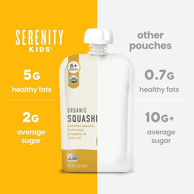 Serenity Kids 6+ Months Organic Veggie Puree Baby Food Pouches - BPA-Free Pouches - No Added Sugar & Allergen-Free - Healthy Baby Snacks - 3.5 Oz, 6 Pack