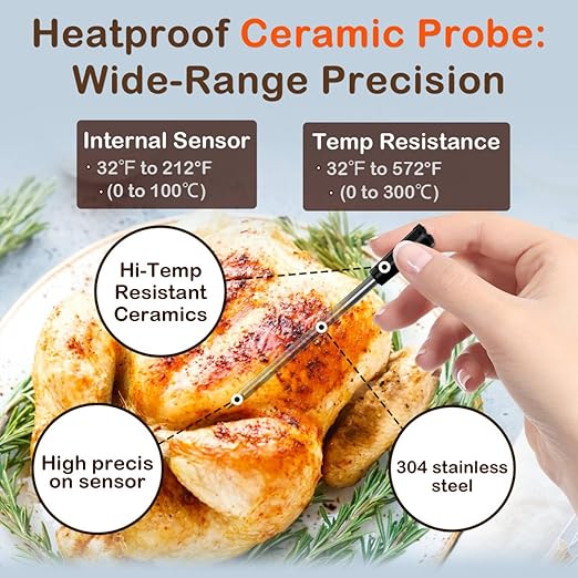 Accurate Smart Wireless Meat Thermometer - 4 Probes, Long Range Bluetooth, Real-time Alerts, Dishwasher Clean, Waterproof, Digital Cooking Thermometer for Grill, BBQ, Oven, Smoker