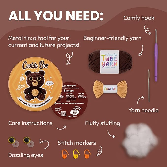 Cookie Box Crochet Kit for Beginners - Learn to Craft Amigurumi Stuffed Animals - Knitting Gift for Kids and Adults - Beginner-Friendly Yarn - Stitch-by-Stitch Video Tutorial - Bear Bruno