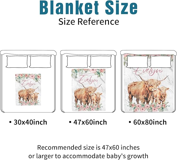 Custom Name Crib Bedding Set - Highland Cow Design, Personalized Floral Nursery Bedding 3-Piece Set– Soft Blanket, Fitted Sheet, Changing Pad Cover – for Newborns Girls Nursery Gifts