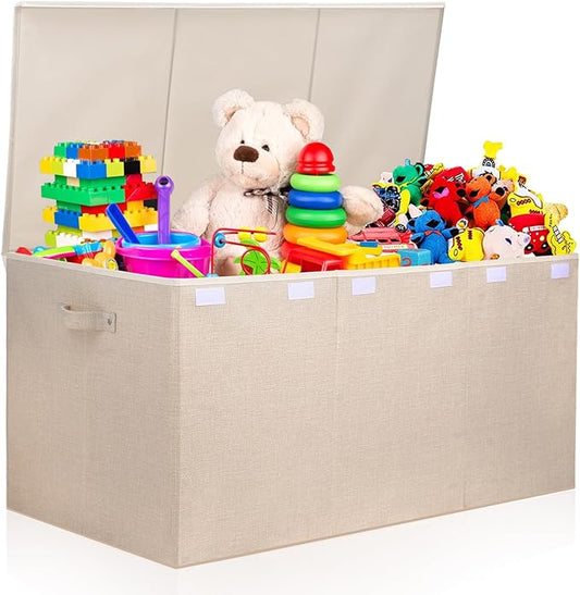 Extra Large Toy Box 167L, Sturdy Toy Storage Chest Organizer Bin Baskets with 2 Removable Divider for Boys, Girls, Kids, Nursery, Bedroom, Playroom, 35.5"x17" x17" (Linen Beige)