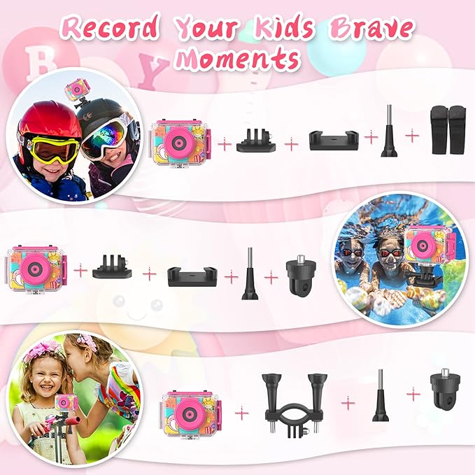 Kids Camera, Waterproof Kids Digital Camera, Children Selfie Camera with 180°Flip Len, 20MP 1080P Sports Action Toy Underwater Camera for Pool Helmet, Birthday Gifts for Boys Girls Age 3-12