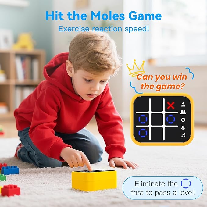Rechargeable Tic Tac Toe Game Box with 5 Fun Brain Memory Games, Electronic Touchscreen Handheld Game, Portable Digital Puzzle Board Travel Toy, Gifts Choice for Kids and Adults(Yellow)