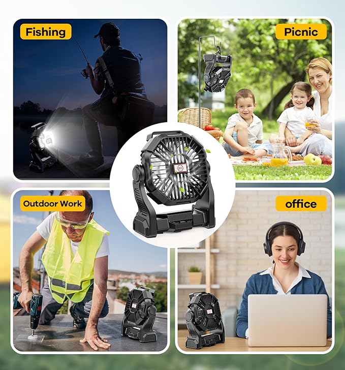 30000mAh Portable Battery Powered Camping Fan - with LED Light, Quiet Battery Operated, Camping Gear for Travel, Tent, Beach, Car or Hurricane Power Outages, Black