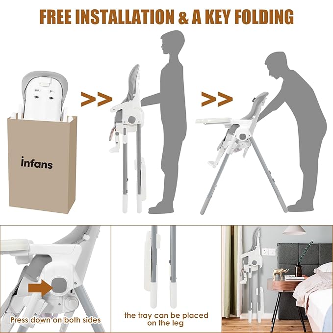 INFANS High Chair for Babies & Toddlers, Foldable Highchair with Multiple Adjustable Backrest Footrest Seat Height, Removable Tray, Detachable PU Leather Cushion Wheels (with Booster, Light Grey)