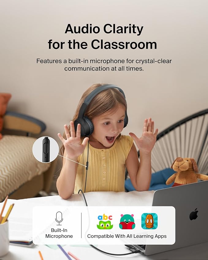 Belkin SoundForm Mini Kids Wired Headphones w/USB C to 3.5mm Dongle, Built-in Mic & Fun Stickers, 85dB Max Volume – for Online Learning, Travel, Compatible w/iPhone 16, iPad, Galaxy S25, etc - Black