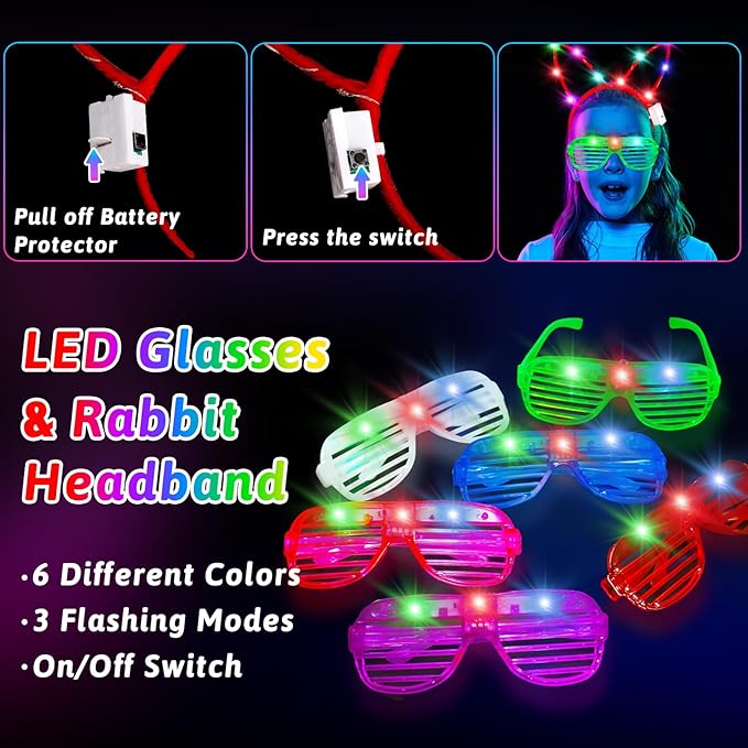 156PCS Glow in The Dark Party Supplies for Kids 8-12, Light Up Glasses Headband Rings Halloween Party Favor Adult, 100 Glow Sticks Bulk Party Pack DIY Necklaces Bracelets Neon Camping Pool Decorations