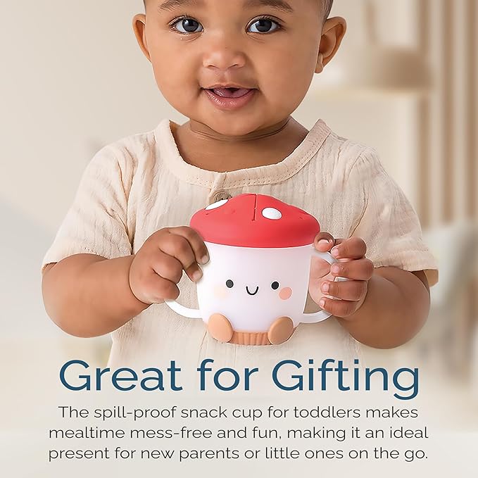 Itzy Ritzy Toddler Snack Cup - Spill-Proof Snack Cup for Toddlers with Soft Silicone Lid for Easy Food Access - Easy-To-Hold Kids Snacks Container With Handles - Ideal for 12 months & Up (Mushroom)