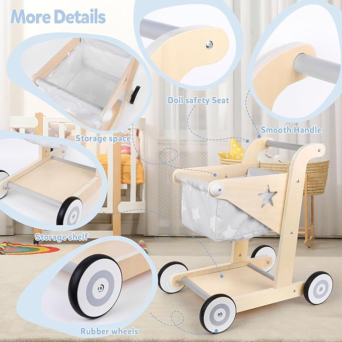 Asweets 2 in 1 Wooden Baby Walker Push and Pull Doll Stroller, Shopping Cart Learning Walker for Boys and Girls, Sit Stand Learning Toddler Toy (Grey)
