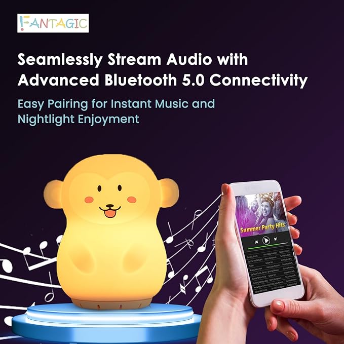 Combined Bluetooth Speaker & Nightlight With 9 Color Emissions, Child Friendly Silicone & BPA Free, USB Recharging, Receives Audio From Computer, Phone Or Tablet, and includes Remote Control (Monkey)
