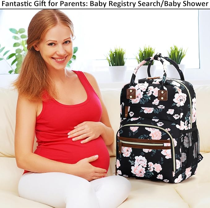 Diaper Bag Backpack Tote for Women Large Capacity with Insulated Pockets Multifunctional Diaper Bags For Baby Girl Boy Waterproof Baby Bags, Maternity Bag Black Pink Floral