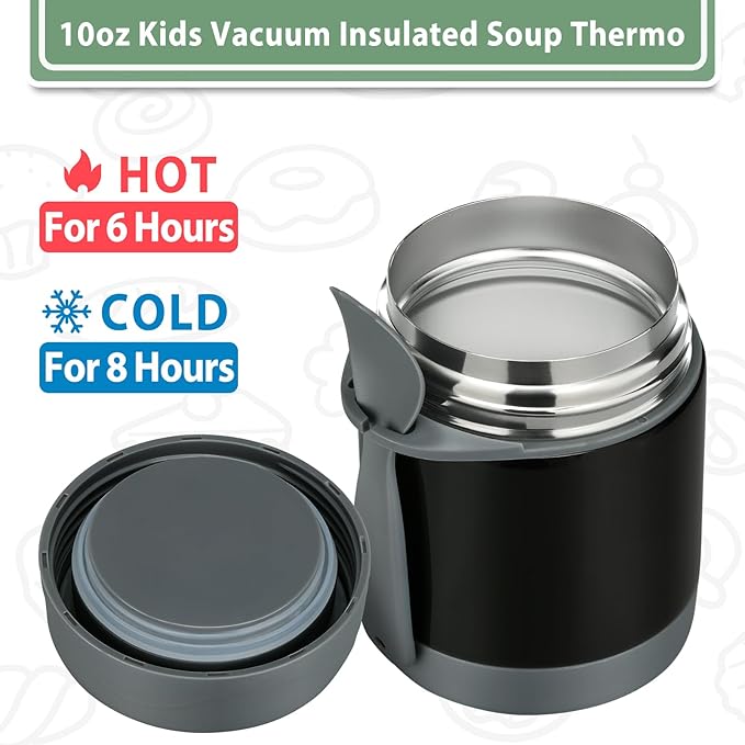 10oz Soup Thermo for Hot Food Kids,Lunch Thermo Kids Food Jar with Spoon Hot Insulated Food Containers,Leak Proof Stainless Steel Wide Mouth Lunch Food Thermo Jar for School(Black)