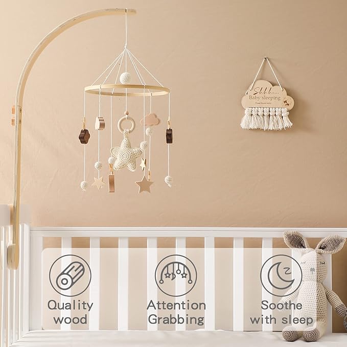 Baby Crib Mobile with Arm Boho Star Moon Nursery Mobile Set Wooden Baby Mobile Holder for Hanging Nursery Decor Ceiling Mobile