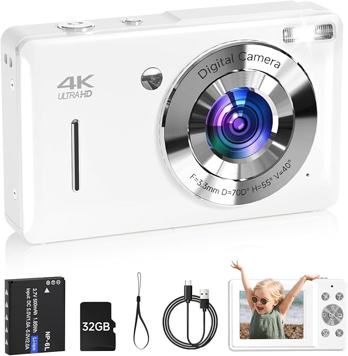 Digital Camera for Kids, FHD 1080P 44MP Point and Shoot Digital Camera with Face Detect, Smile Capture, 18X Zoom, 20 Filters, Anti Shake, 32GB SD Card White Compact Vintage Camera for Kids Boys Girls