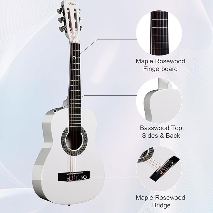 ADM Beginner Acoustic Classical Guitar Nylon Strings Wooden Guitar Bundle Kit for Kid Boy Girl Student Youth Guitarra Online Lessons with Gig Bag, Strap, Tuner, Picks (30 Inch, White)