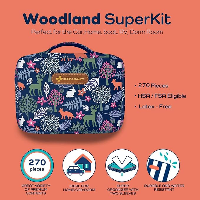 KeepGoing Large Home First Aid Kit for Kids – 270 Pc. for Car, Home, Dorm, & Boat with Latex-Free Bandages – 10 x 7 x 3.5 in. Travel First Aid Kit (Woodland)