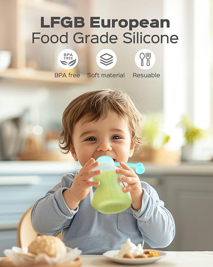 Silicone Reusable Baby Food Pouches with Straws, 2 Pack Leakproof Refillable Squeeze Pouches, Dishwasher, Freezer, Microwave Safe, 5OZ Baby Food Storage for Homemade Puree, Yogurt