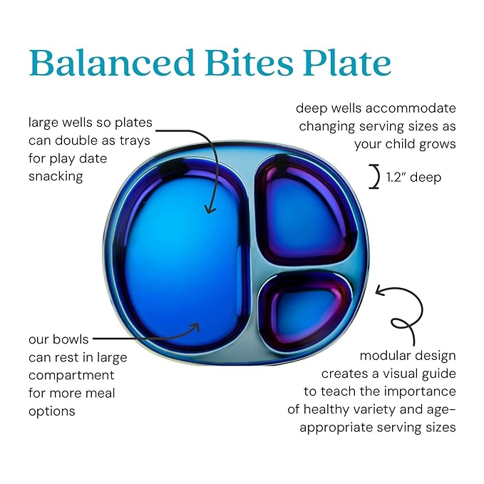 Ahimsa Stainless Steel Plates for Kids - Divided Plates for Toddlers, Pediatrician Designed, Non Toxic Toddler Plate, BPA Free & Dishwasher Safe (Blue Set of 4)