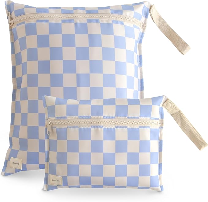 mushie Water Resistant Wet Bags | Large & Small Reusable Storage Bag for Baby Items and Travel | Zippered Pockets with Handle | Machine Washable, Set of 2 (Blue Check)