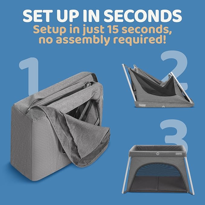 HARPPA Travel Crib with Comfy Mattress, Lightweight Portable Crib Requires No Assembly, Foldable Pack and Play for Baby and Toddlers, Compact Play Yard with Bed,Gray