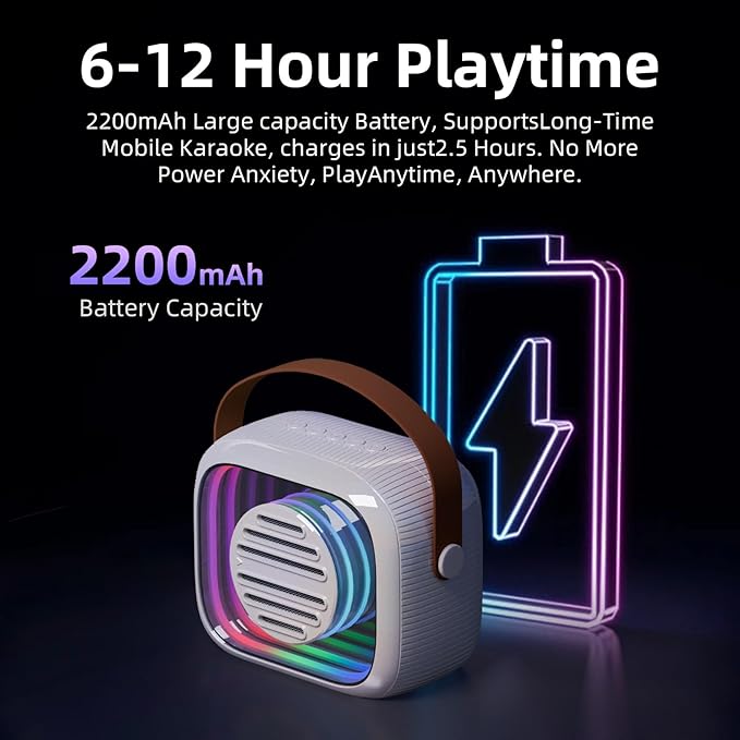 YF93 Mini Karaoke Machine for Kids with Bluetooth Speaker, 7 Voice-Changing Modes, Dual Microphones, Colorful LED Lights, TF Card Support, Portable Singing Gift for Children and Parties(Beige)