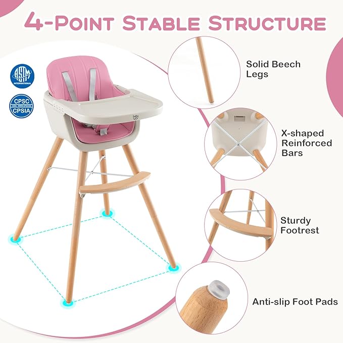 BABY JOY Convertible Baby High Chair, 3 in 1 Wooden Highchair/Booster/Chair with Removable Tray, Adjustable Legs, 5-Point Harness, PU Cushion and Footrest for Baby, Infants, Toddlers (Pink)