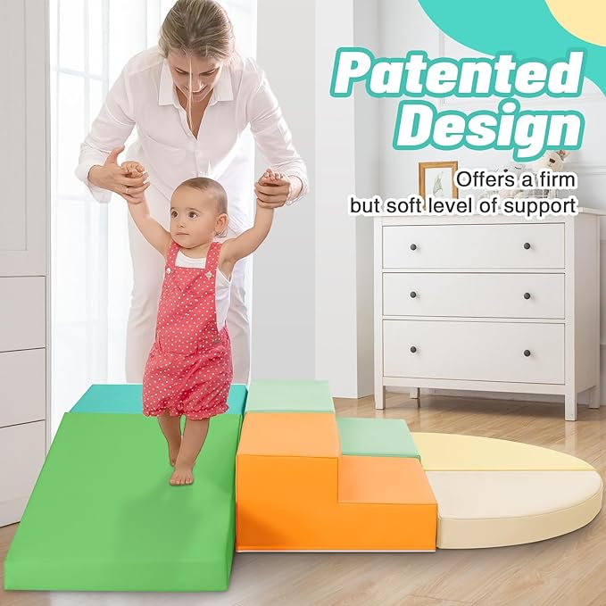 6-Piece Soft PU Leather Toddlers Climbing Toys, Baby Foam Climbing Blocks for Toddlers 3, Indoor Climb and Crawl Activity Play Set, Foam Play Gym Climbing Structures (Orange and Green)