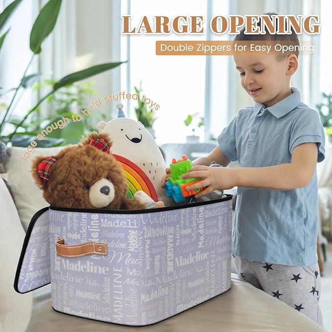 Custom Storage Basket with Name, Personalized Storage Bins with Zipper Lid, Foldable Fabric Storage Box Large capacity with Handle Purple White