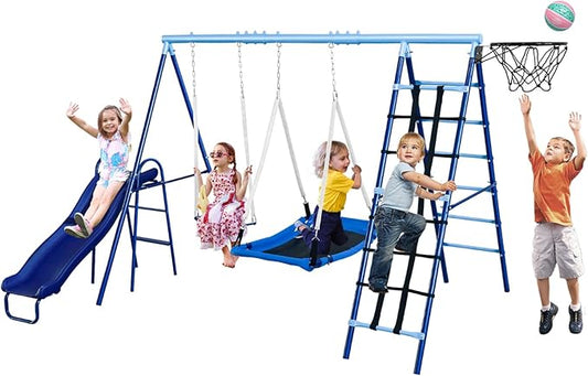 600lbs 6-in-1 Kids Swing Set, Backyard Playset with Belt & Platform Swings, Slide, Climbing Net, Basketball Hoop, Heavy-Duty A-Frame Metal Stand & 6 Anti-Tilt Stakes, Outdoor Gym for Ages 4-12