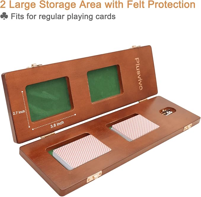 Cribbage Board Game Set 3 Tracks, Plusvivo Solid Oak Wood Cribbage Boards Unique with 9 Metal Pegs & 2 Storage Area, 15.5 X 4.9 X 1.2 in Travel Portable Cribbage Game Sets for Family