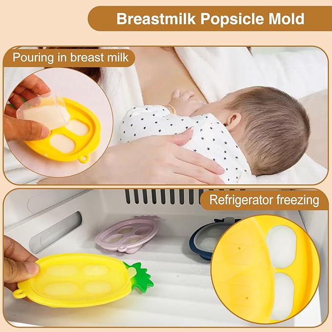 Baby Fruit Food Feeder - Silicone Nibble Tray Combo - Breastmilk Popsicle Mold for Cooling Relief, BPA Free Mesh Feeder for Infant Self Feeding (Claw Beige + Pineapple)