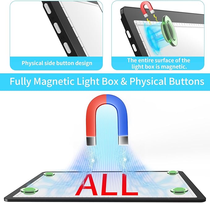Phylosal Rechargeable A3 Light Pad with Built-in Stand & Bag, Magnetic Tracing Light Box for Drawing, Diamond Art Light Board with Side Button, Super Bright Light Table for Diamond Painting Black