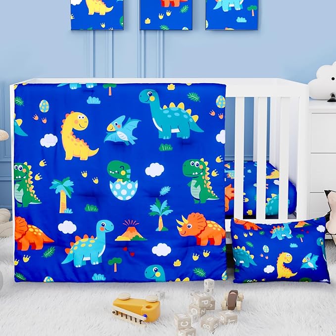 Cloele Crib Bedding Set for Boys Girls- 3 Piece Dinosaur Baby Bedding Set Soft Comforter Bed Set Includes Toddler Pillowcase Crib Sheet Baby Quilt - Nursery Bedding Set for Boys-Colorful Dinosaur