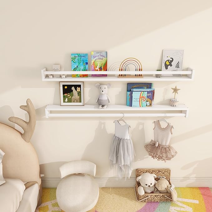 Fun Memories Nursery Book Shelves - Rustic Natural Solid Wood Floating Bookshelf for Kids - Wall Book Shelves for Kids Room (White, 48inch - 2P)