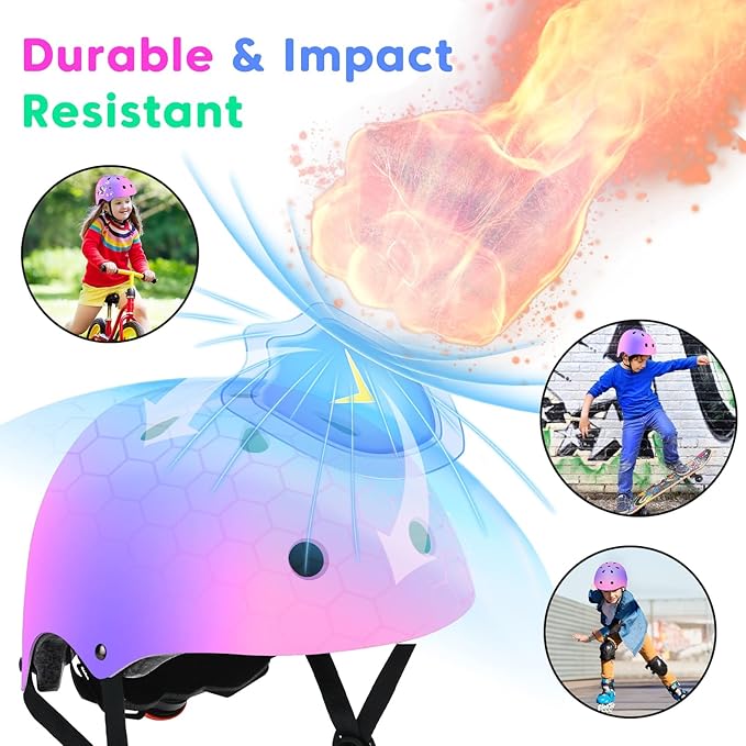 Color Gradient Adjustable Kids Bike Helmet Toddler Skateboard Helmets Boys Girls Child Ventilation Helmet for Multi-Sports Skating Cycling Scooter Balance