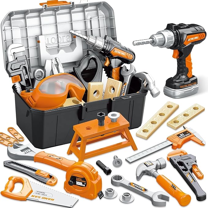 Kids Tool Set with Portable Tool Box & Electronic Toy Drill, Toddler Tool Set,Tool Play Toys Construction Tools for Kids Ages 3 4 5 6, Christmas & Birthday Gifts for Boys