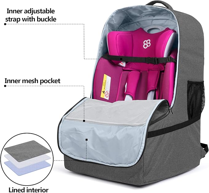 LUXJA Car Seat Travel Bag, Airplane Bag with Padded Backpack Straps and Adjustable Waist Straps for Travel (Fits Most Major Car Seat), Gray