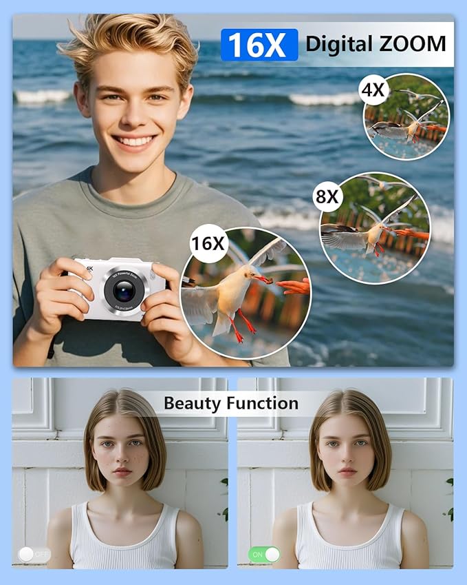Digital Camera, FHD 1080P Kids Camera Digital with 16x Zoom Anti Shake, 32GB Card, 4K 48MP Portable Compact Point and Shoot Cameras, Vintage Small Camera for Teens Beginner Kids Present