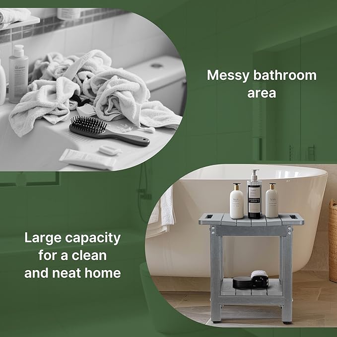 HDPE Shower Bench Seat Capacity 300LB, Waterproof Bathroom Stool with Side Carry Holes, Compact 16.8" L Design, Non-Slip Shower Seat for Elderly, Shaving Legs & Spa - Indoor/Outdoor Use (Gray)