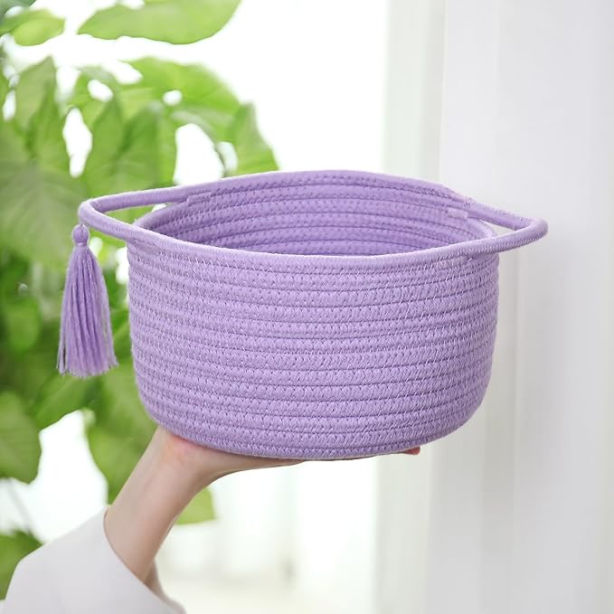 Empty Gift Basket - SweetMemo Mini Woven Rope Organizer Baskets for Baby Shower, Vanity, Makeup Brushes, Bathroom, Shelves, Desk - Small Decorative Storage Bins - Set of 2, Pre-Shaped, Lilac Purple