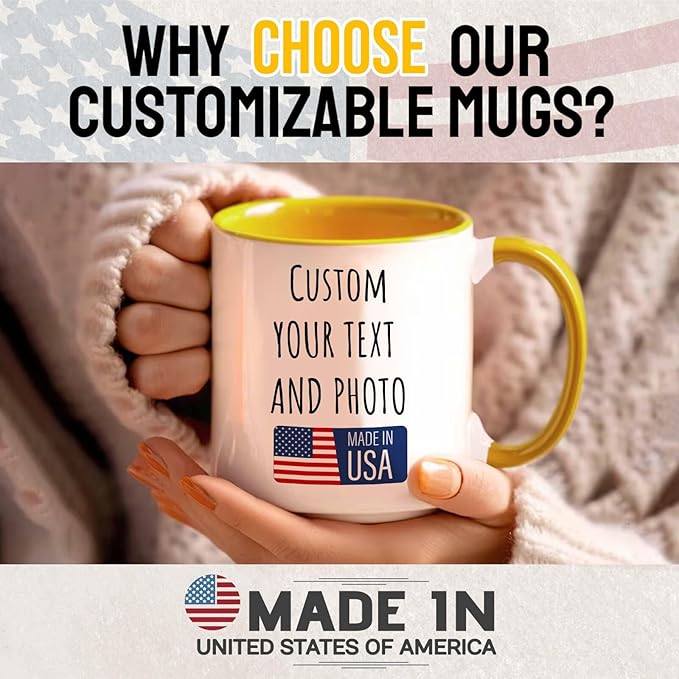 Ship Next Day Custom Mug Design Your Own Photo Text Personalized Picture Gifts for Women Men Customized Gifts Idea Personalized Coffee Mugs 11oz Yellow Handle
