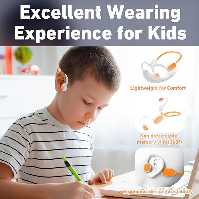 Kids Headphones, Bluetooth 5.2 Air Conduction Open Ear Headphones, 85dB Volume Limiting, Stereo Sound with Mic, IPX5 Waterproof, 20H Playtime, Perfect for School and Outdoor Activities-White