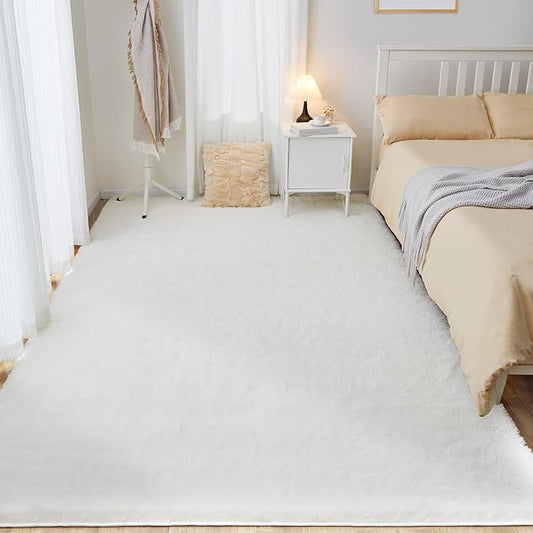 Fluffy White Rugs for Bedroom, 5x7 Plush Cream Area Rugs for Living Room, Non-Slip Shag Floor Carpet for Kids Room, Girls Room, Bedside, Playroom, Indoor Decor