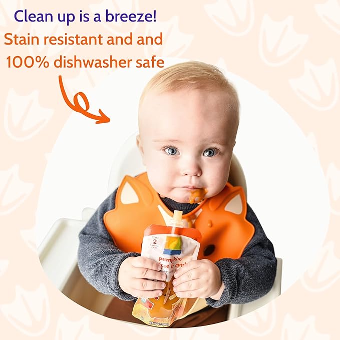 Silly Goose Silicone Animal Baby Bibs for Babies and Toddlers, Waterproof, Adjustable, Soft, Extra Wide Food Catcher Pocket (Baby Fox)