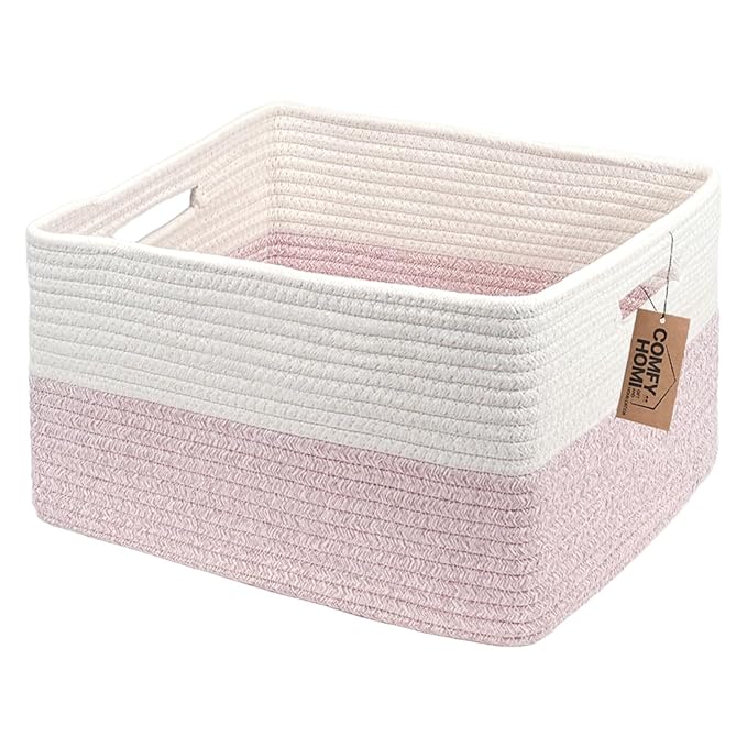 COMFY-HOMI Cotton Rope Woven Basket with Handles for Shelves,Toys,Book, Cloth Storage Baskets for Organizing-17" x 13" x 7.5" Toy Decorative Organizer for Living Room, Bathroom （white/pink）
