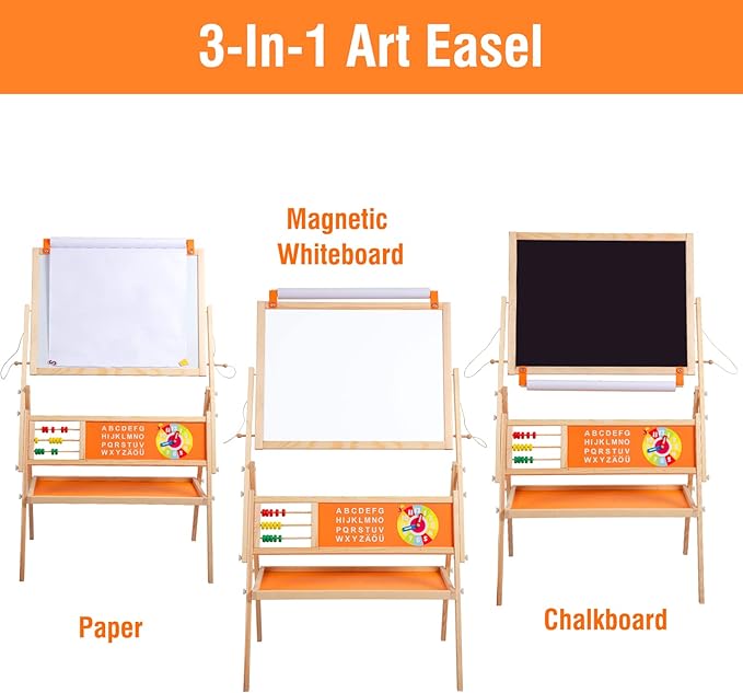 3-in-1 Wooden Easel for Kids, Toddle Double-Sided Easel with Magnetic Whiteboard and Painting Blackboard, 360° Rotatable, Paper-roll Holder, Storage Tray, and Stickers Included